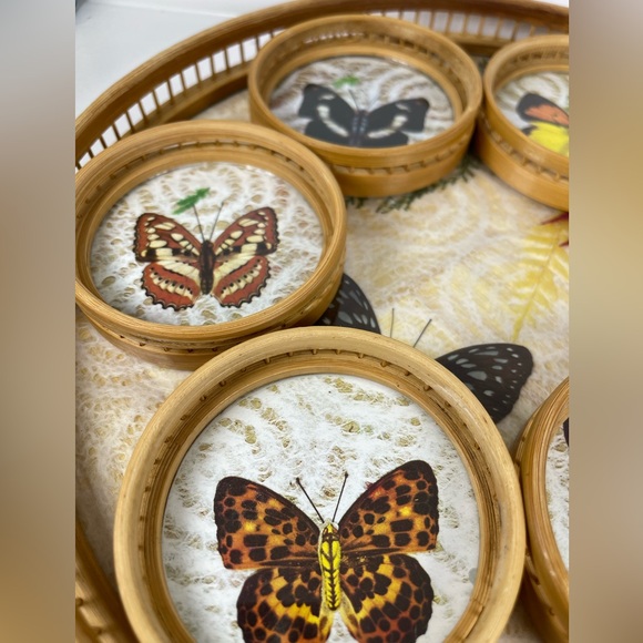 Vintage Bamboo/Rattan/Glass pressed flower & Butterfly tray/coaster set 7 pcs - Picture 12 of 16